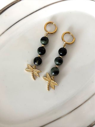 Pendientes Jaspe Kambaba Libélula Dorados