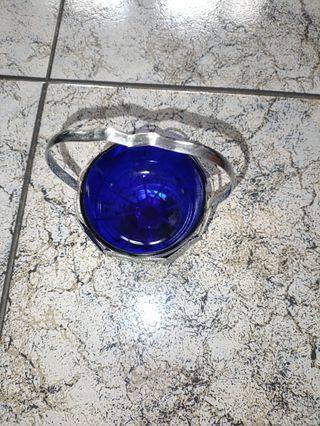 Azucarero Vintage Cristal Azul y Metal