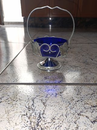 Azucarero Vintage Cristal Azul y Metal