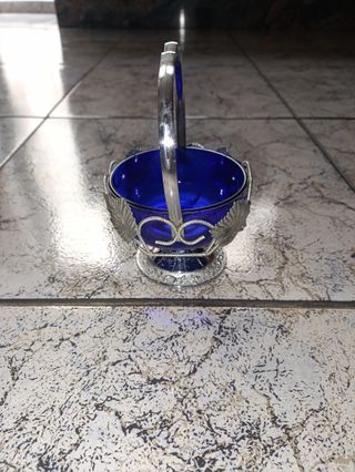 Azucarero Vintage Cristal Azul y Metal