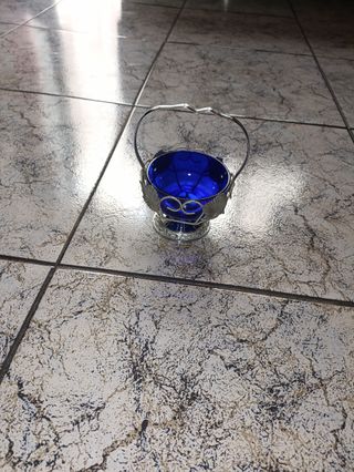 Azucarero Vintage Cristal Azul y Metal
