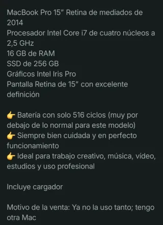 MacBook Pro 15 Retina i7 16GB RAM 256GB SSD