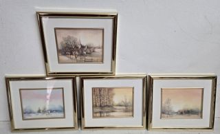 Set di 4 quadri paesaggistici con cornice dorata