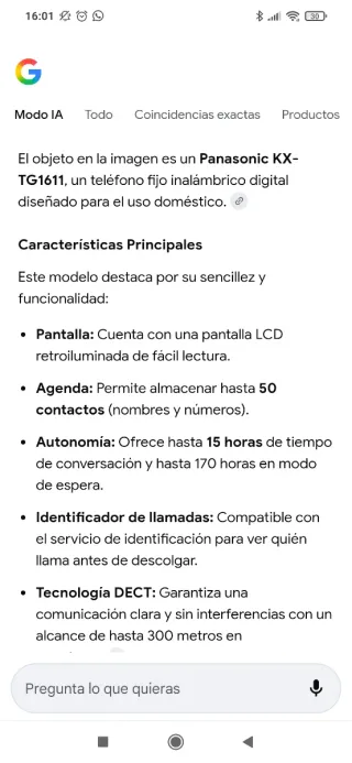 Teléfono Inalámbrico Digital Panasonic KX-TG1611