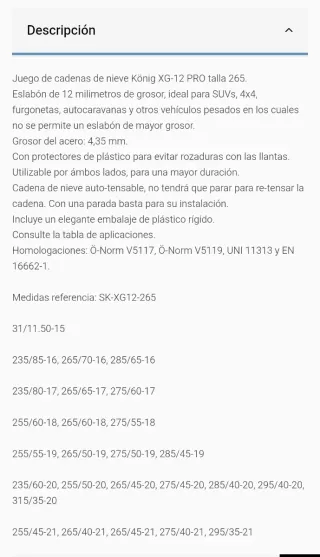 Cadenas para Nieve KÖNIG XG-12 Pro talla 265