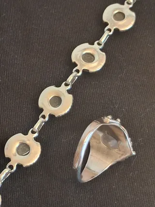 Conjunto Plata: Pulsera y Anillo Cuarzo Rosa