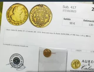 Moneda Oro 1/2 Escudo Carlos III 1783/2 Sevilla.