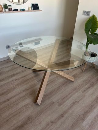 Mesa redonda cristal y madera