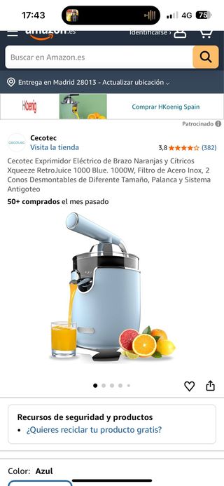 Cecotec Exprimidor Eléctrico Azul