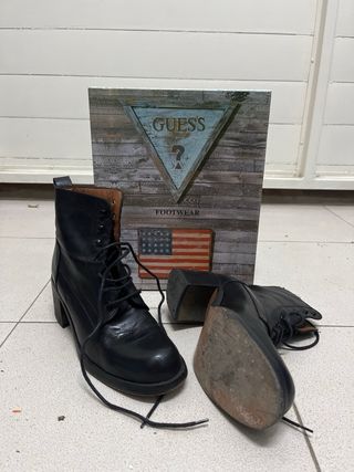 Botines Guess Piel Negra Talla 37 Tacón Ancho