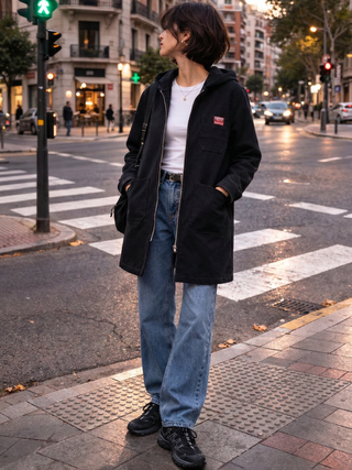 Abrigo lana Lois mujer S negro capucha 65% wool