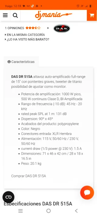 DAS DR 515A Altavoz Autoamplificado Negro