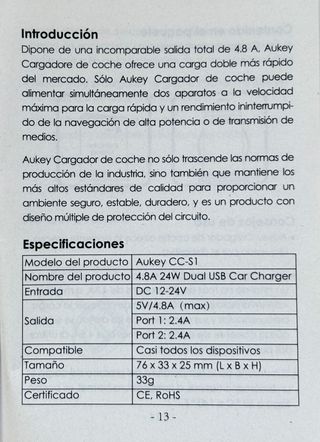 Cargador Coche AUKEY 4.8A Dual USB