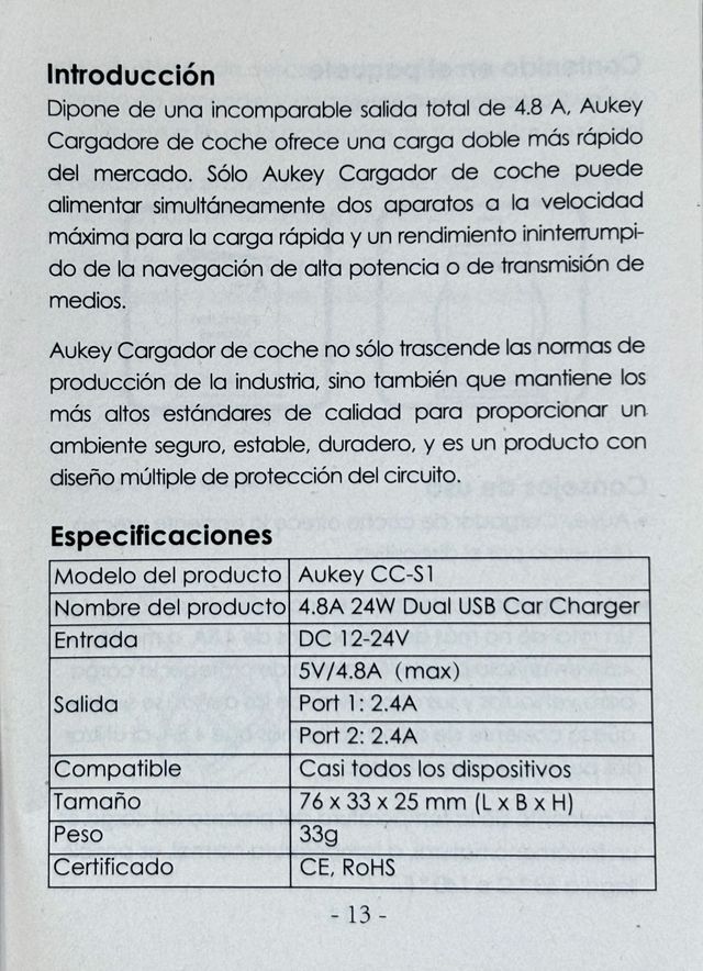 Cargador Coche AUKEY 4.8A Dual USB