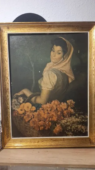 Cuadro antiguo mujer con flores