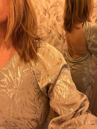 Vestido fiesta dorado/verde asimétrico