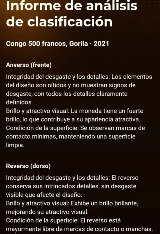 Moneda Plata Congo Gorila 500 Francos 2021