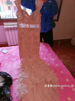 Vestido largo beige con plumas