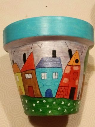 Maceta terracota pintada a mano casa árbol
