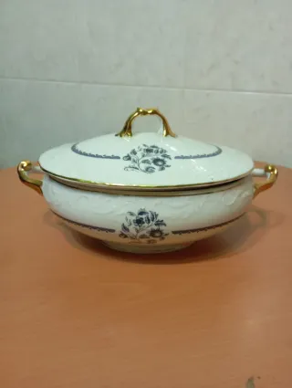 Terrina Porcelana Vintage Spal Flor Azul Dourado