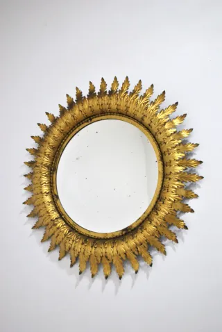 Antico specchio vintage sole in ottone dorato