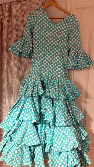 Traje Flamenca Niña Turquesa Lunares