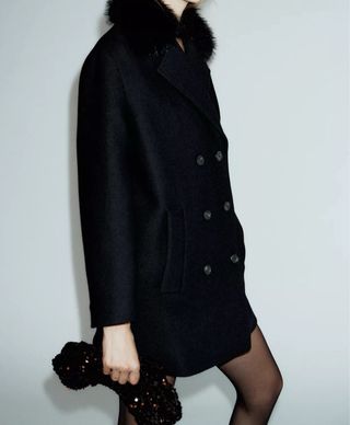 Abrigo lana Zara Negro Talla M con cuello pelo