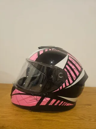 Casco de moto integral rosa y blanco