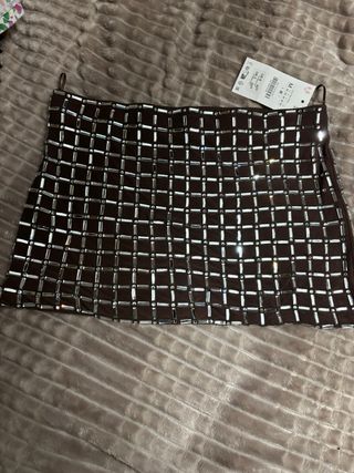 Falda Zara Cuadrada Marrón y Plateada