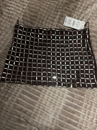 Falda Zara Cuadrada Marrón y Plateada