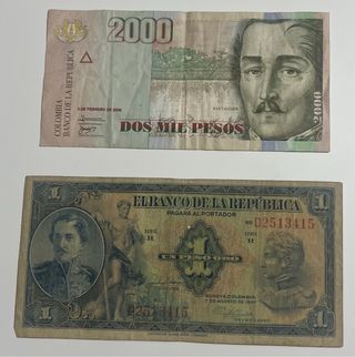 Lote 2 Billetes Colombia 2000 y 1 Peso