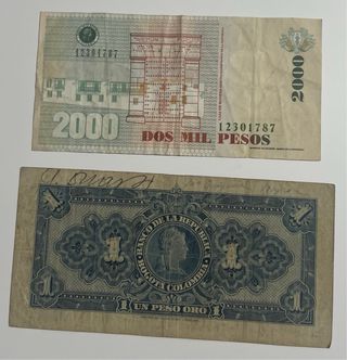 Lote 2 Billetes Colombia 2000 y 1 Peso