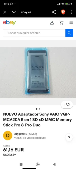 Adaptador Tarjeta Memoria Sony VAIO VGP-MCA20A