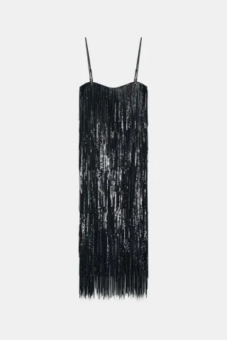 Vestido Zara lentejuelas flecos negro Talla S