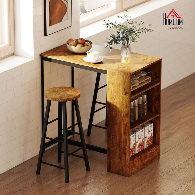 Conjunto De Comedor Con Barra Y 2 Taburetes Altos, Mesa Alta Con 3 Estantes Laterales Y Taburetes Con Reposapiés Estilo Industrial, Marrón