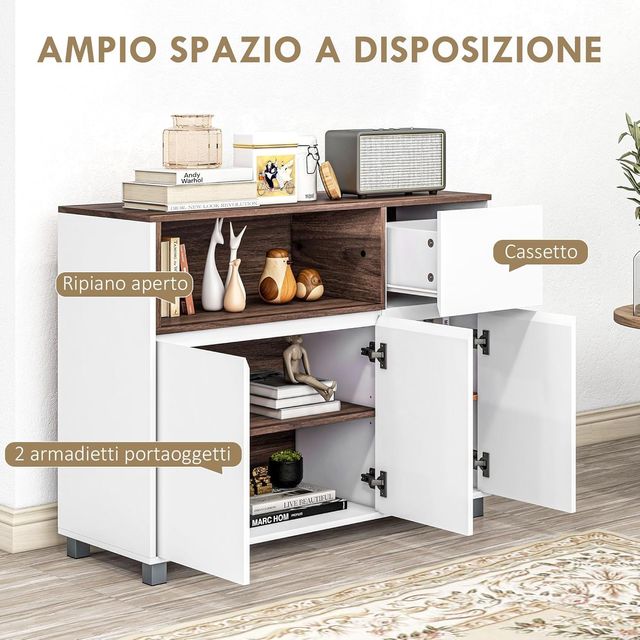 Mobile Cucina Moderna in Legno con Armadietti, Cassetto e Spazio Aperto, Multiuso per Cucina e Soggiorno, 105X39X83Cm, Bianco