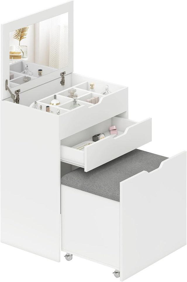 Portarotolo da bagno con specchio e sgabello abbinato, stazione trucco con vano nascosto e cassetto in legno, bianco