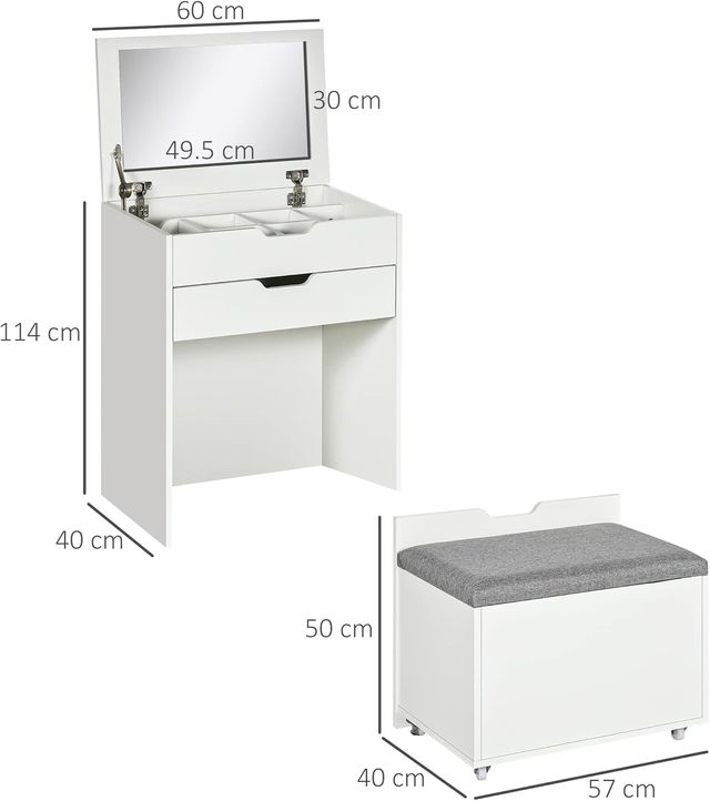 Portarotolo da bagno con specchio e sgabello abbinato, stazione trucco con vano nascosto e cassetto in legno, bianco