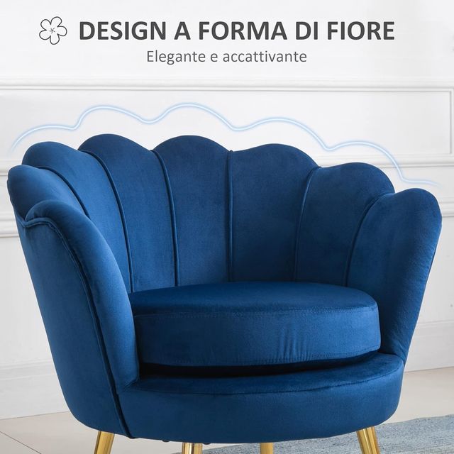 Sillón Concha, Sillón Vintage, Sillón Para Dormitorio Y Sala, Diseño Elegante, Con Respaldo Alto, 76X67X74Cm, Azul
