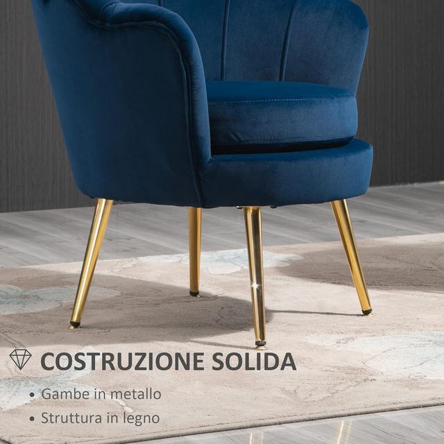 Sillón Concha, Sillón Vintage, Sillón Para Dormitorio Y Sala, Diseño Elegante, Con Respaldo Alto, 76X67X74Cm, Azul