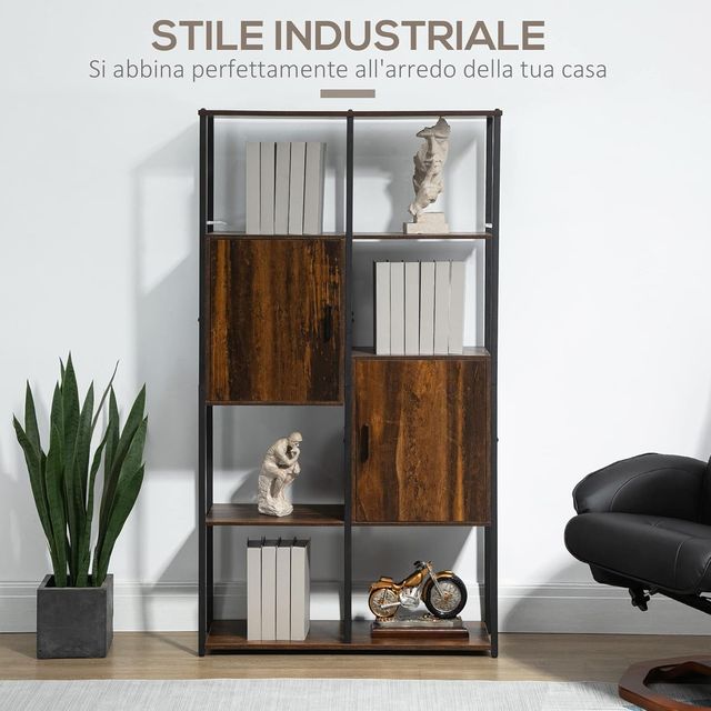 Libreria Moderna Stile Industriale Con 4 Ripiani E 2 Armadi, Scaffale Di Metallo E Legno Per Casa E Ufficio, 90X30X159.5Cm, Nero E Marrone