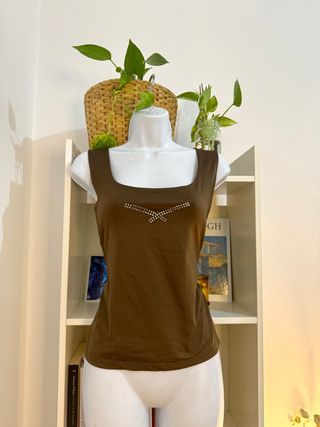 Top marrón chocolate tipo licra Y2K 2000 strass