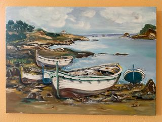 Pinturas al óleo de barcos en la costa