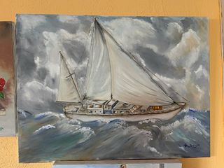 Pinturas al óleo de barcos en la costa