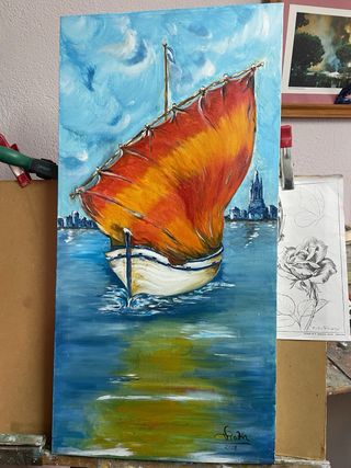 Pinturas al óleo de barcos en la costa