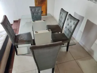 Mesa Comedor Cristal 160x90 + 5 Sillas
