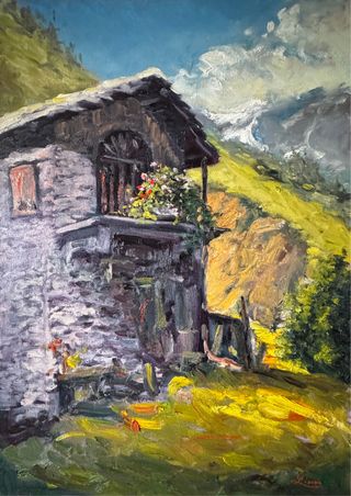 Dipinto olio baita montagna