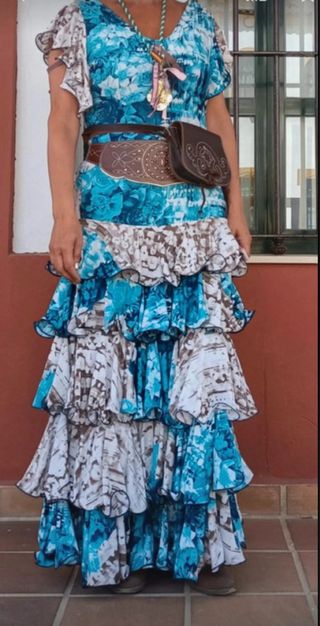 Vestido Flamenca Estampado Azul y Blanco