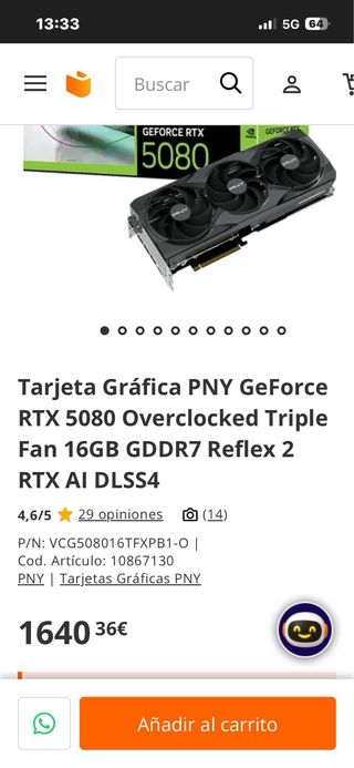 Tarjeta Gráfica PNY RTX 5080 OC overclokeada