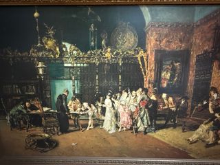 Cuadro clásico marco dorado escena época